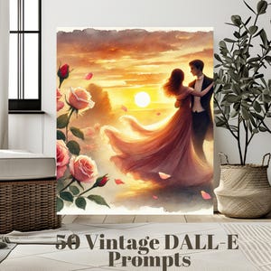 Puede incluir: Una pintura de acuarela de una pareja bailando en un campo al atardecer. La mujer lleva un vestido largo y fluido y el hombre lleva un traje. La pintura está ambientada en un fondo de cielo de puesta de sol con un sol brillante en la distancia. Hay rosales en primer plano.