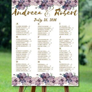 Plan de table pour mariage doré imprimable, liste des invités au mariage bohème imprimable, plan de salle de mariage par ordre alphabétique, plan de salle de mariage floral