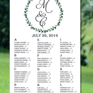 Tabla de asientos de boda imprimible, carta de asientos de boda alfabética de oro, tabla de asientos de boda rústica imprimible, tabla de asientos de boda floral