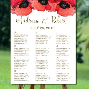 Imprimible boda estar carta, carta de asientos de oro alfabético boda, boda rústico asiento carta imprimible, amapolas cuadro de asientos