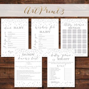 May include: Printable baby shower game cards with a silver confetti design. The cards include games like "Dear Baby", "Daddy Knows Best", "Baby Price is Right", and "Baby Shower Bingo".