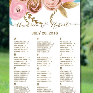 Table de salle de mariage imprimable, plan de table alphabétique doré, plan de table de mariage rustique, plan de table imprimable, plan de table floral