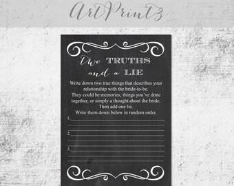 Two Truths and a Lie Bridal Shower Game Printable, Chalkboard Bridal Shower Game, Bridal Shower Fun Activity, Vintage Wedding Shower Game