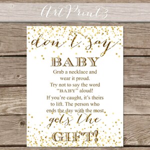 Don&#39;t Say Baby Game Printable, Baby Shower Printable Game, Confetti Gold Printable Baby Shower Table Sign, Baby Shower Decor Printable Sign