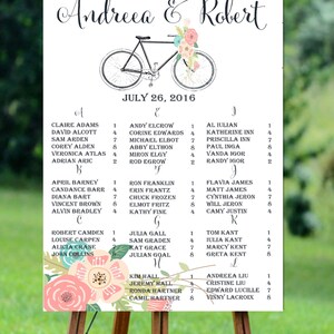 Table de salle de mariage imprimable, plan de table mariage alphabétique bleu marine, plan de table de mariage à vélo, plan de table de mariage floral
