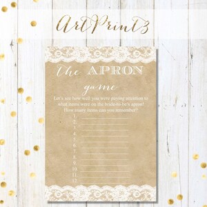 The Apron Game Printable, Bridal Shower Game Printable, Rustic Bridal Apron Game Printable, Paper&Lace Bridal Shower Apron Game Printable