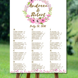 Tableau imprimable des sièges de mariage, tableau alphabétique des sièges de mariage, tableau des sièges de mariage d’or imprimable, imprimé floral de diagramme de mariage de couronne