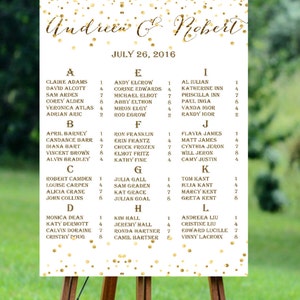 Tableau de sièges de mariage imprimable, tableau de sièges de mariage de confettis d'or, tableau de sièges alphabétique, tableau de sièges de mariage imprimable