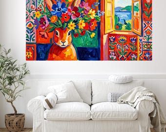 Matisse inspirierte Kaninchen und Blumen druckbare Wandkunst, buntes Ausschnitt-Häschen-Blumenplakat, modernes abstraktes Tier-Digital-Download-Dekor