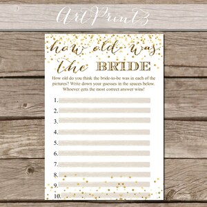 金の紙吹雪を使ったブライダルシャワーゲーム、花嫁の年齢を当てる印刷可能なゲーム、花嫁の年齢を当てるブライダルシャワーゲーム、楽しいアクティビティ