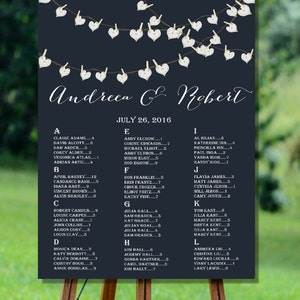 Plan de table imprimable mariage rustique, plan de table imprimable bleu marine, plan de table guirlande de coeurs, plan de table imprimable par ordre alphabétique