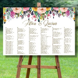 Afdrukbare zitplaatsen grafiek, gouden alfabetische bruiloft zitplaatsen grafiek, rustieke bruiloft zitplaatsen grafiek afdrukbare, bloemen bruiloft zitplaatsen grafiek