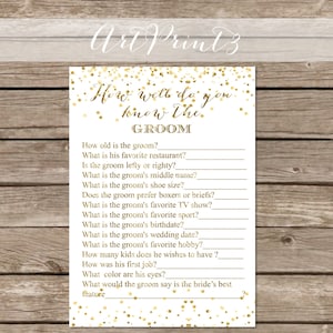 How Well Do You Know The Groom, Gold Confetti Who Knows The Groom Best, Confetti Bridal Shower Game Printable, Bridal Shower Fun Activity