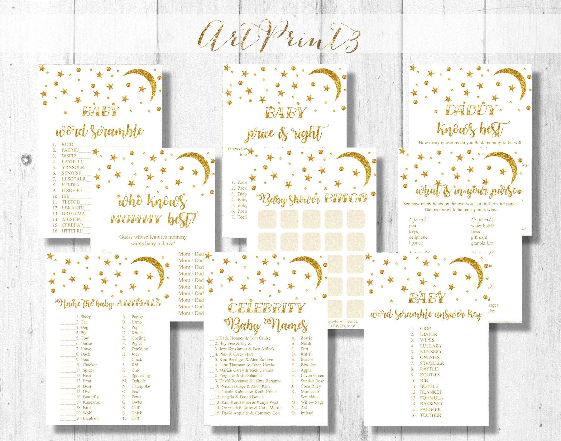 Baby Shower Games Printable Baby Shower Games Set Gold Stars Etsy