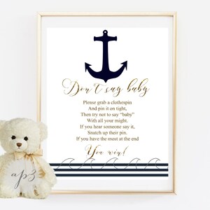 Don&#39;t Say Baby Baby Shower Fun Game Printable, Clothes Pin Baby Shower Game Printable, Nautical Baby Shower Game Printable, Anchor Game