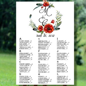 Mariage imprimable assise graphique, graphique sièges alphabétique mariage, mariage sièges graphique imprimable, Floral mariage sièges graphique imprimable
