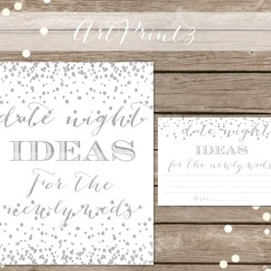 Date Night Ideas, Printable Bridal Shower Date Night Idea Cards Sign, Silver Confetti Bridal Shower Activity, Date Night Idea Printable