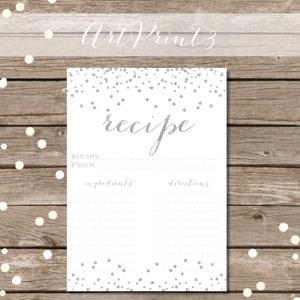 Silver Confetti Bridal Shower Recipe Cards, Bridal Shower Recipe Card, Printable Silver Bridal Shower Recipe Card, Printable Recipe Card