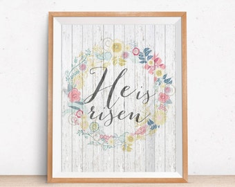 Decoración cristiana de Pascua para imprimir: "Él ha resucitado", decoración del hogar para imprimir en la pared, decoración de Pascua para imprimir, versículo bíblico para imprimir