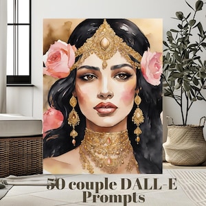 May include: A watercolor painting of a woman with long black hair wearing a gold headpiece and jewelry. She has pink roses in her hair and a soft, warm expression.