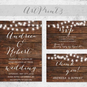 Rustic Wedding Invitation Printable, Barn Wood Wedding Invite, String Lights Garland Wedding Invitation Printable, Country Wedding Invites