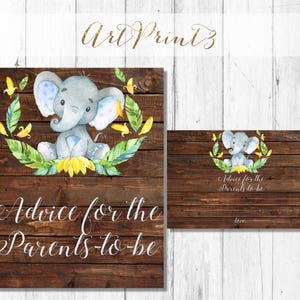 Cartello stampabile con consigli per i futuri genitori, decorazione da tavolo per baby shower stampabile, baby shower nella giungla stampabile, gioco con consigli per papà sull'elefante