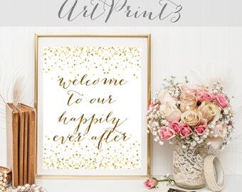 Welcome To Our Happily Ever After Sign Printable, Welcome Wedding Sign, Gold Confetti Wedding Sign Printable, Gold Wedding Sign Printable