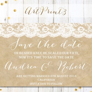Salva la data Matrimonio Annuncio Card stampabile, RusticO Salva la data Card, Pizzo Salva la scheda data stampabile, Tan Paper Save Date Card