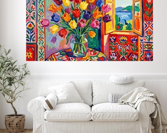 Matisse inspiriert Tulpen Vase druckbare Wandkunst, buntes Blumen Ausschnitt Poster, moderne abstrakte Tulpe Bouquet digitaler Download, Wohnkultur