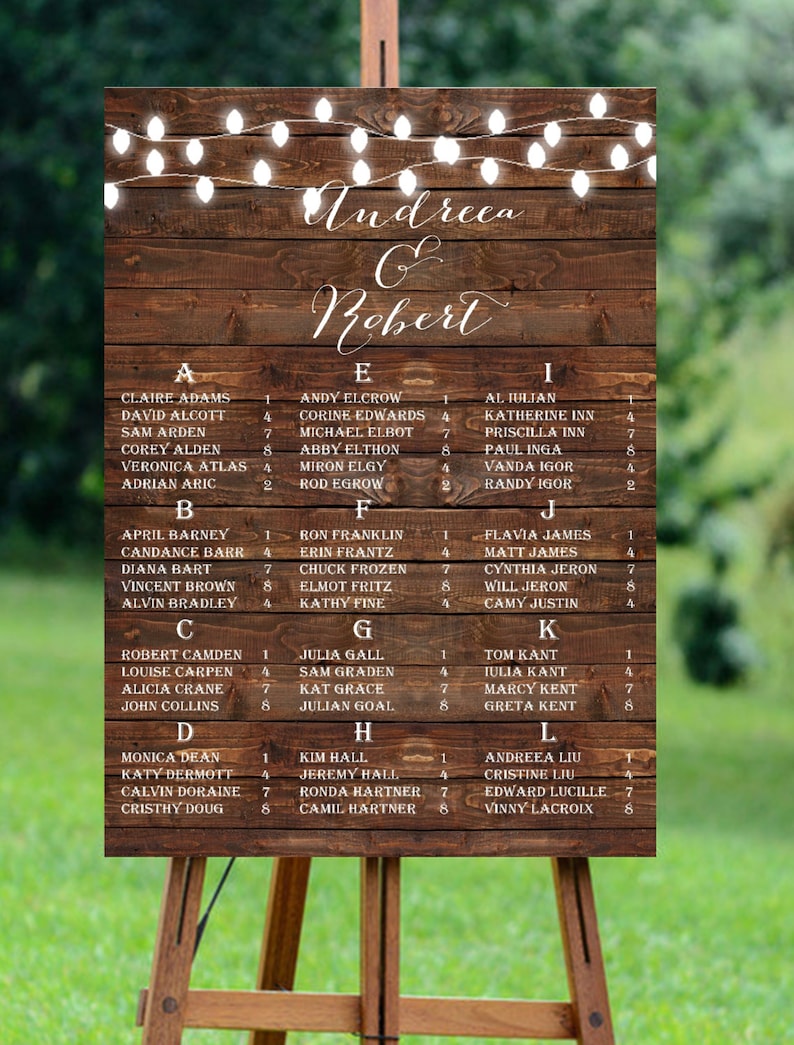 Rustic Wedding Printable Seating Chart,Barn Wood Printable Seating Chart,String Lights Wedding Seating Chart,Printable Wedding Seating Chart