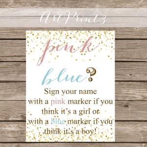 Guess The Baby&#39;Sex Baby Shower Game Printable, Pink or Blue Baby Shower Game, Instant Download Gold Confetti Gender Reveal Printable Game