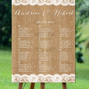 Gráfico de asientos imprimible de la boda rústica, tabla de asientos imprimible de Burlap, tabla de asientos de la boda del cordón, carta de asientos de la boda imprimible del país
