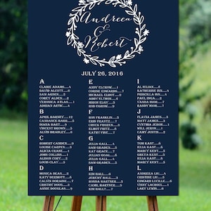 Tableau de sièges de mariage imprimable, tableau de sièges de mariage alphabétique, tableau de sièges de mariage bleu marine imprimable, tableau de sièges de mariage floral