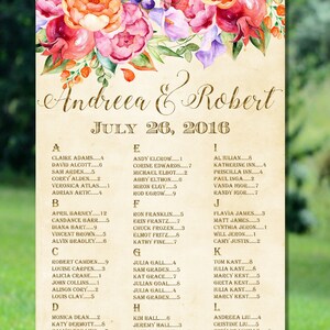 Table de salle de mariage imprimable, plan de table alphabétique doré, plan de table de mariage rustique, plan de table imprimable, plan de table floral