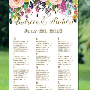 Table de salle de mariage imprimable, plan de table alphabétique doré, plan de table de mariage rustique, plan de table imprimable, plan de table floral