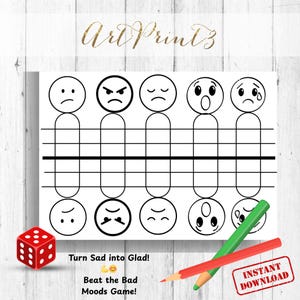 May include: A black and white printable game with various emotion faces, a red die, and two colored pencils. The game includes the text "Turn Sad into Glad!" and "Beat the Bad Moods Game!"