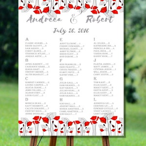 Gráfico de asientos de boda imprimibles rústicos, gráfico de asientos de boda alfabéticos, gráfico de asientos de plata imprimible, carta de asientos de la boda de las amapolas