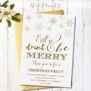 Mangiare, bere e invito natale stampabile, oro di buon Natale dell'invito del partito, i fiocchi di neve Natale invito stampabile