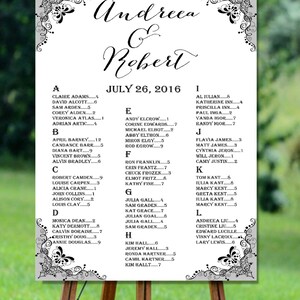 Plan de table de mariage imprimable, plan de table de mariage dentelle vintage, plan de table alphabétique, plan de table de mariage noir et blanc imprimable