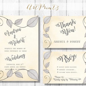 Conjunto de invitaciones de boda imprimibles, conjunto de invitaciones de boda con rosas de acuarela, invitaciones de boda con hojas imprimibles, tarjetas de confirmación y agradecimiento