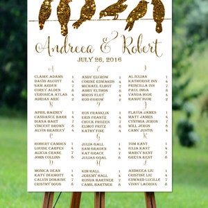 Plan de salle de mariage imprimable, plan de table de mariage or, plan de table alphabétique, oiseaux dorés sur fils plans de table de mariage imprimable