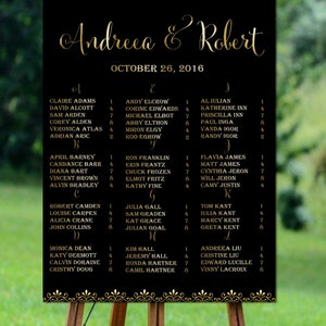 Tableau imprimable des sièges de mariage, tableau des sièges de mariage d’or imprimable, tableau alphabétique des sièges, tableau des sièges de mariage noir imprimable