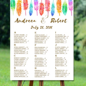 Plan de table alphabétique de mariage imprimable, plan de table de mariage plumes Imprimable, plan de table de mariage bohème, plan de table or
