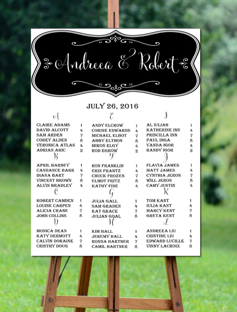 Printable Wedding Seating Chart Alphabetical Seating Chart Wedding Seating Chart Printable Black Chalkboard Wedding Seating Chart