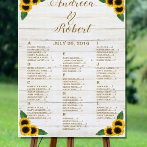 Plan de salle de mariage imprimable, plan de table mariage tournesols dorés, plan de table alphabétique, plan de table mariage rustique imprimable