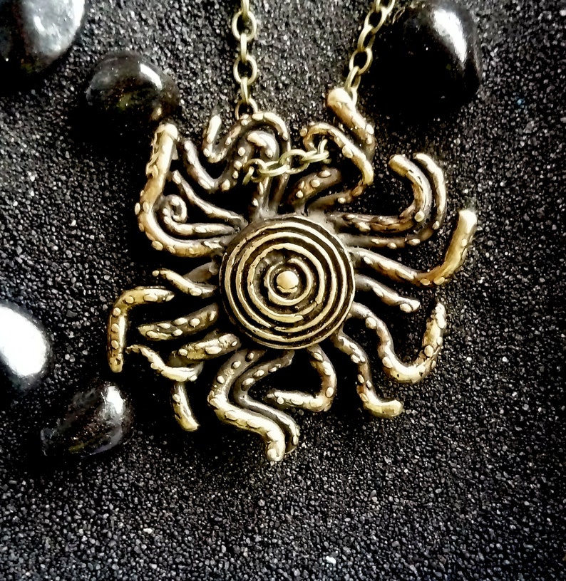 Bronze Handmade Pendant with chain Solar Spiral Sun Rays Octopus Sun Tentacles Funny Sun Planet Universe