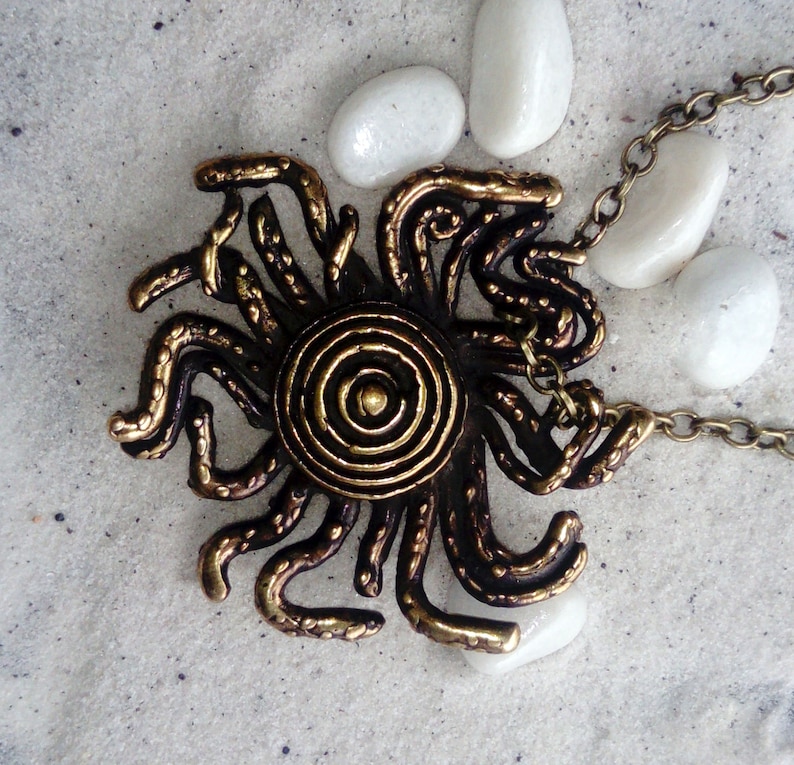 Bronze Handmade Pendant with chain Solar Spiral Sun Rays Octopus Sun Tentacles Funny Sun Planet Universe
