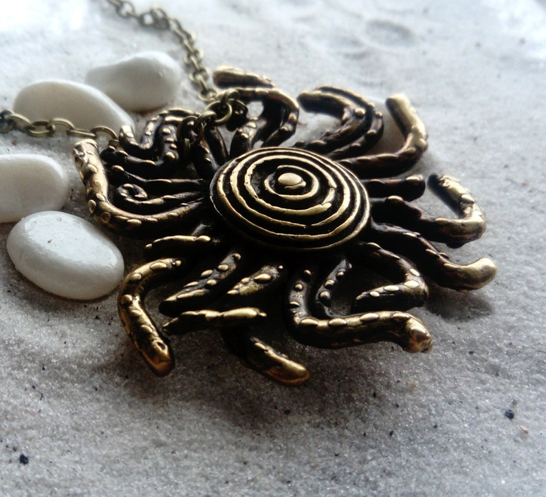 Bronze Handmade Pendant with chain Solar Spiral Sun Rays Octopus Sun Tentacles Funny Sun Planet Universe