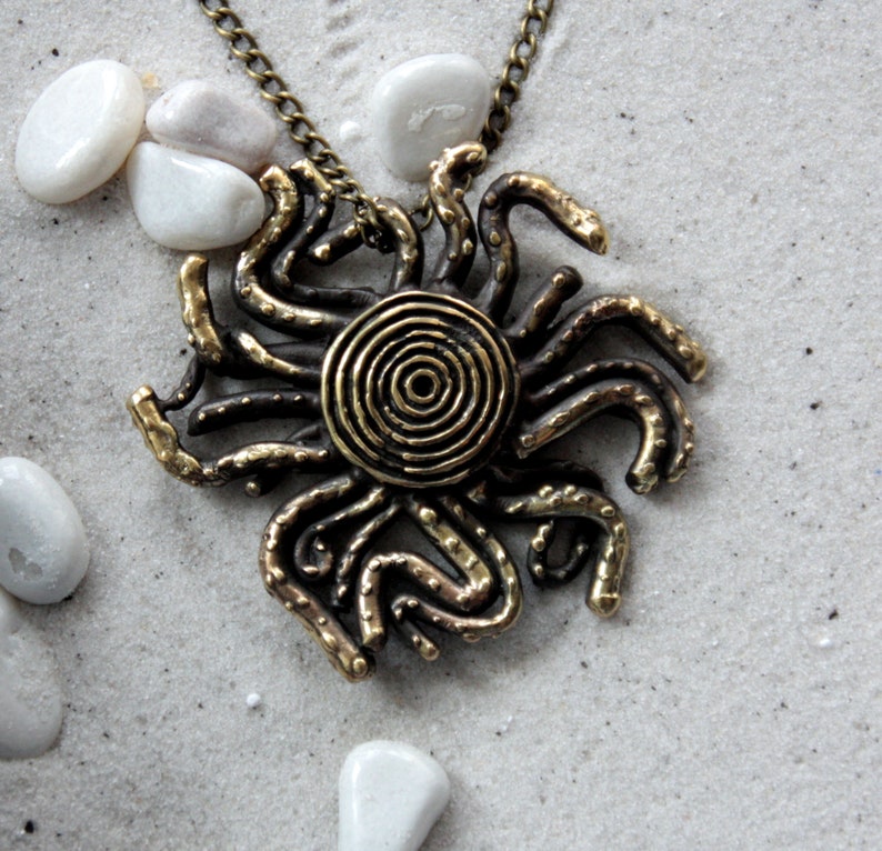 Bronze Handmade Pendant with chain Solar Spiral Sun Rays Octopus Sun Tentacles Funny Sun Planet Universe