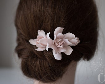 Gardenia 3 pcs Pink floral headpiece Pink blossom Taupe flowers Wedding headpiece Bobby flower hair pin Bridal accessories Wedding hairpiece